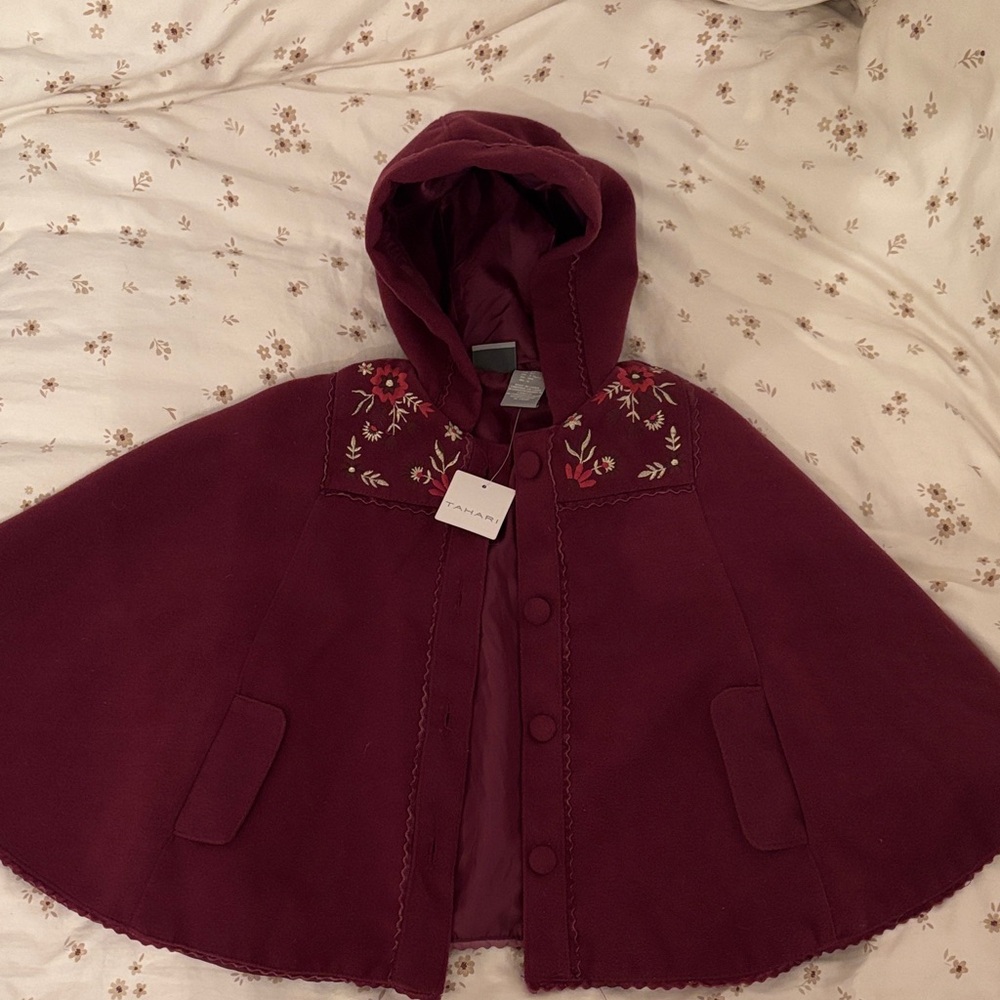 Tahari Maroon Kids Cape with Floral Details